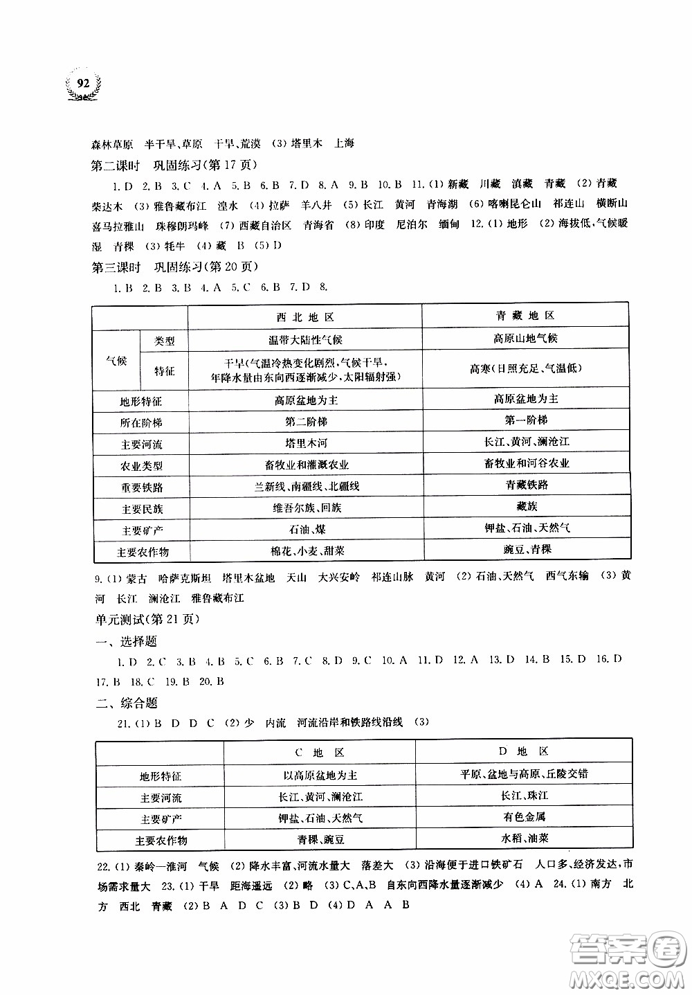 2020年探究與訓練地理八年級下學期用湘教版參考答案