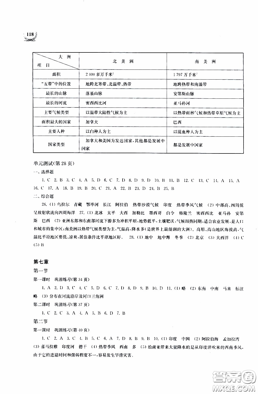 2020年探究與訓(xùn)練地理七年級下學(xué)期用湘教版參考答案