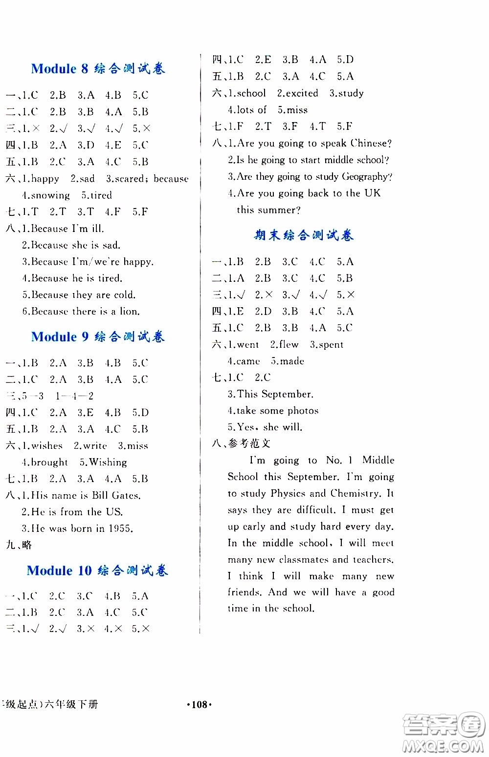 2020年陽光課堂英語一年級(jí)起點(diǎn)六年級(jí)下冊(cè)外研版參考答案