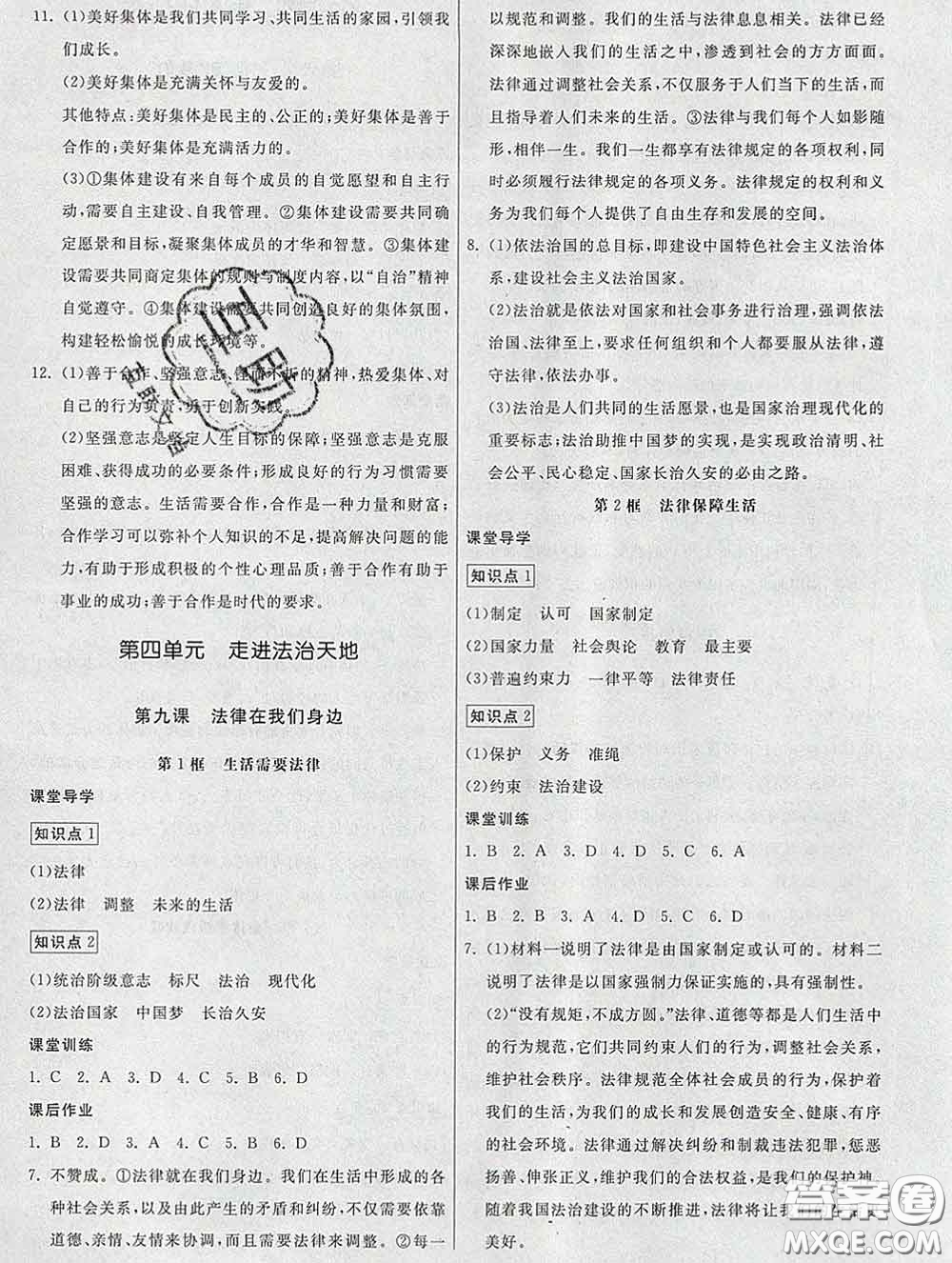 2020春名師小課堂同步精練七年級(jí)道德與法治下冊(cè)人教版答案