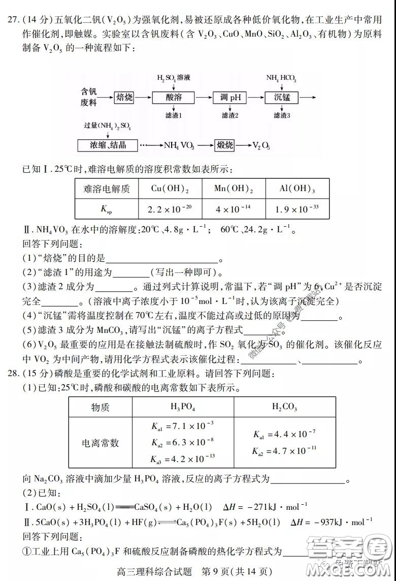 運城市2020年高三4月調研測試理科綜合試題及答案