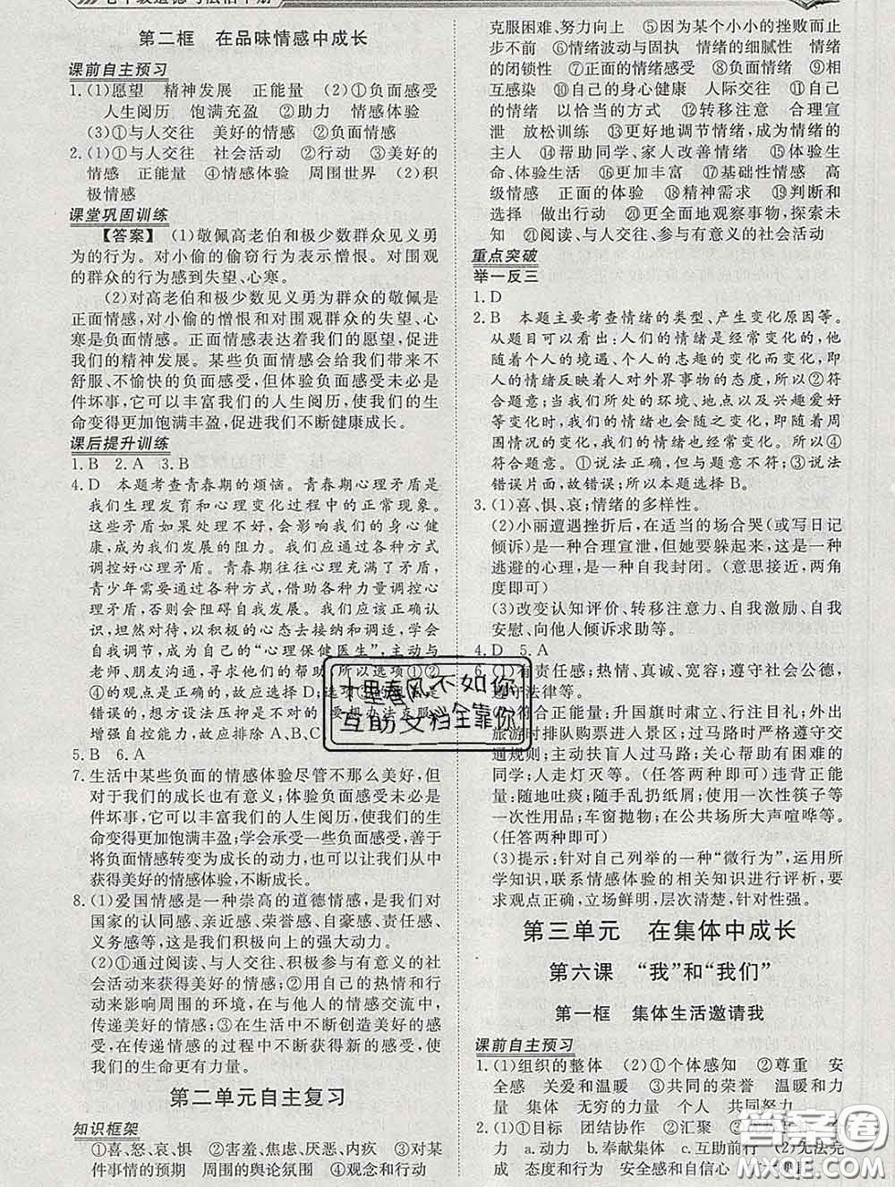 2020新版標(biāo)準(zhǔn)課堂作業(yè)七年級道德與法治下冊人教版參考答案