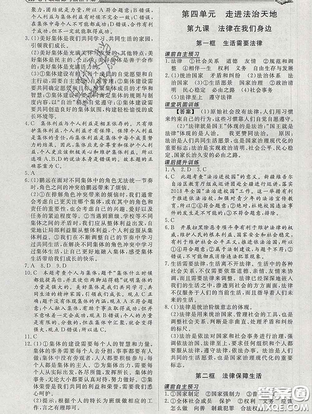 2020新版標(biāo)準(zhǔn)課堂作業(yè)七年級道德與法治下冊人教版參考答案