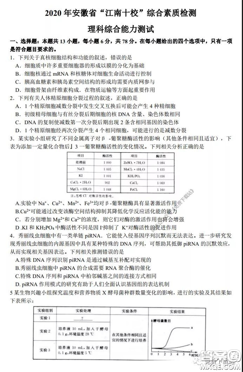 2020年安徽省江南十校綜合素質檢測理科綜合試題及答案