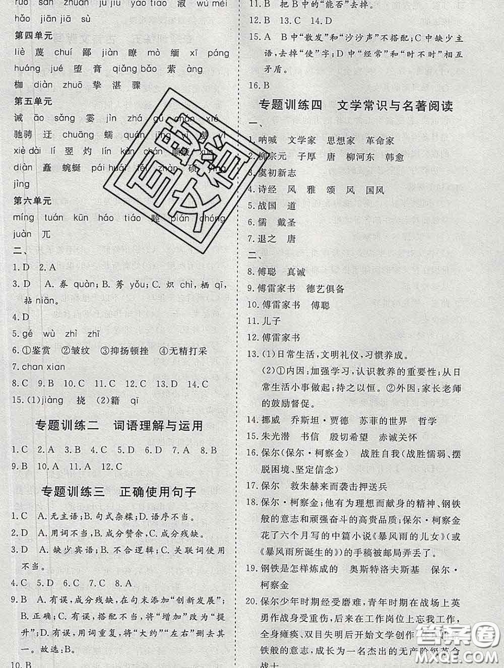 2020新版標(biāo)準(zhǔn)課堂作業(yè)八年級(jí)語(yǔ)文下冊(cè)人教版參考答案