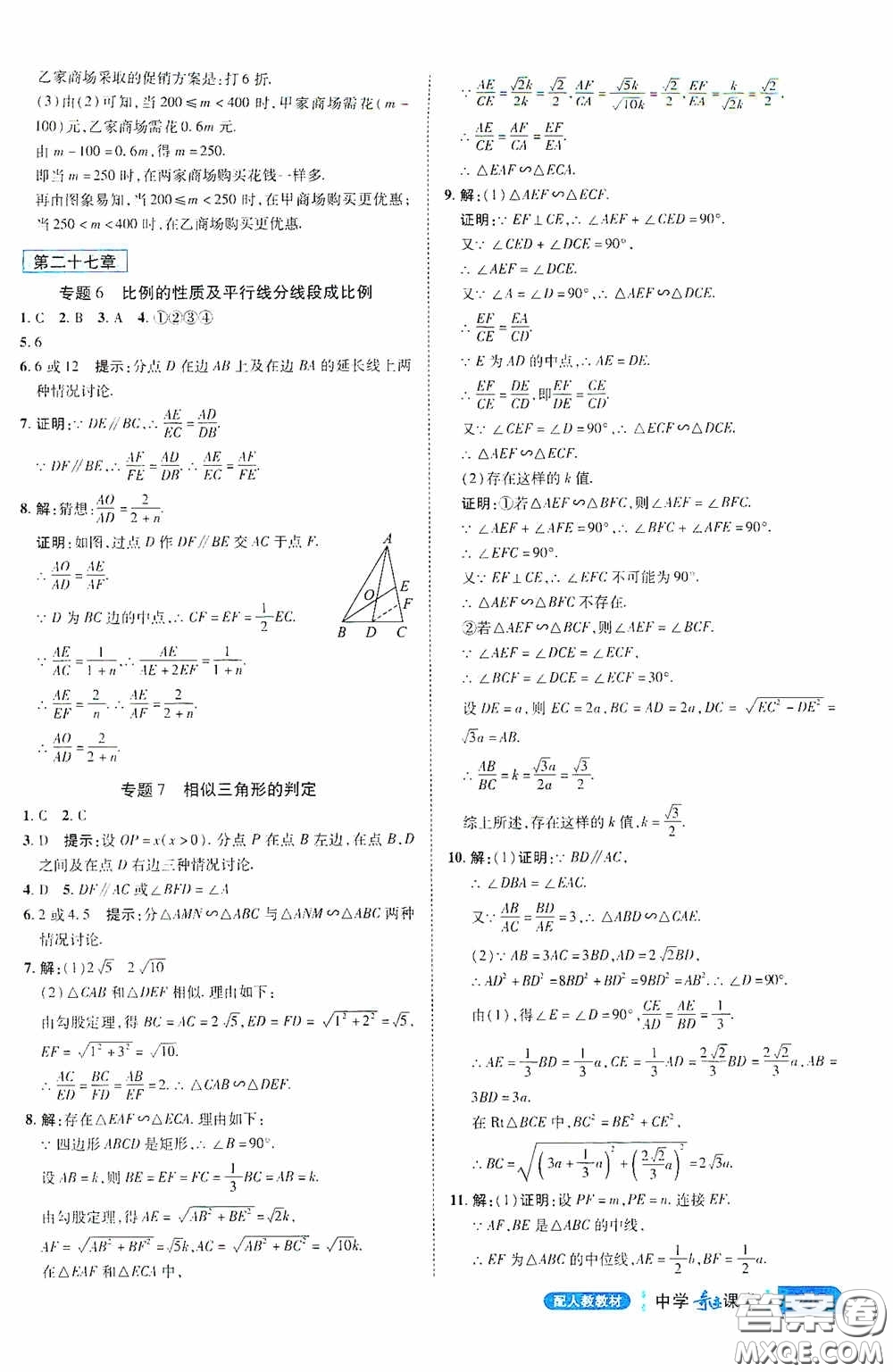 世紀(jì)英才中學(xué)奇跡課堂2020中考專題總復(fù)習(xí)九年級數(shù)學(xué)下冊人教版教材答案