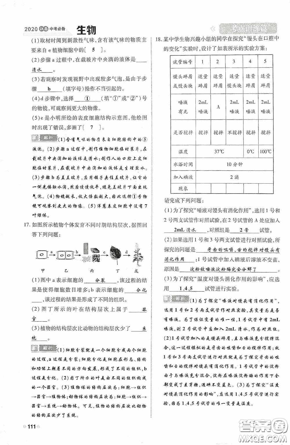 2020中考一卷通考點訓(xùn)練篇生物6篇訓(xùn)練答案