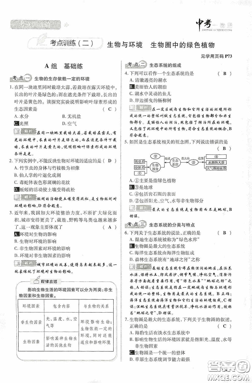 2020中考一卷通考點訓(xùn)練篇生物6篇訓(xùn)練答案