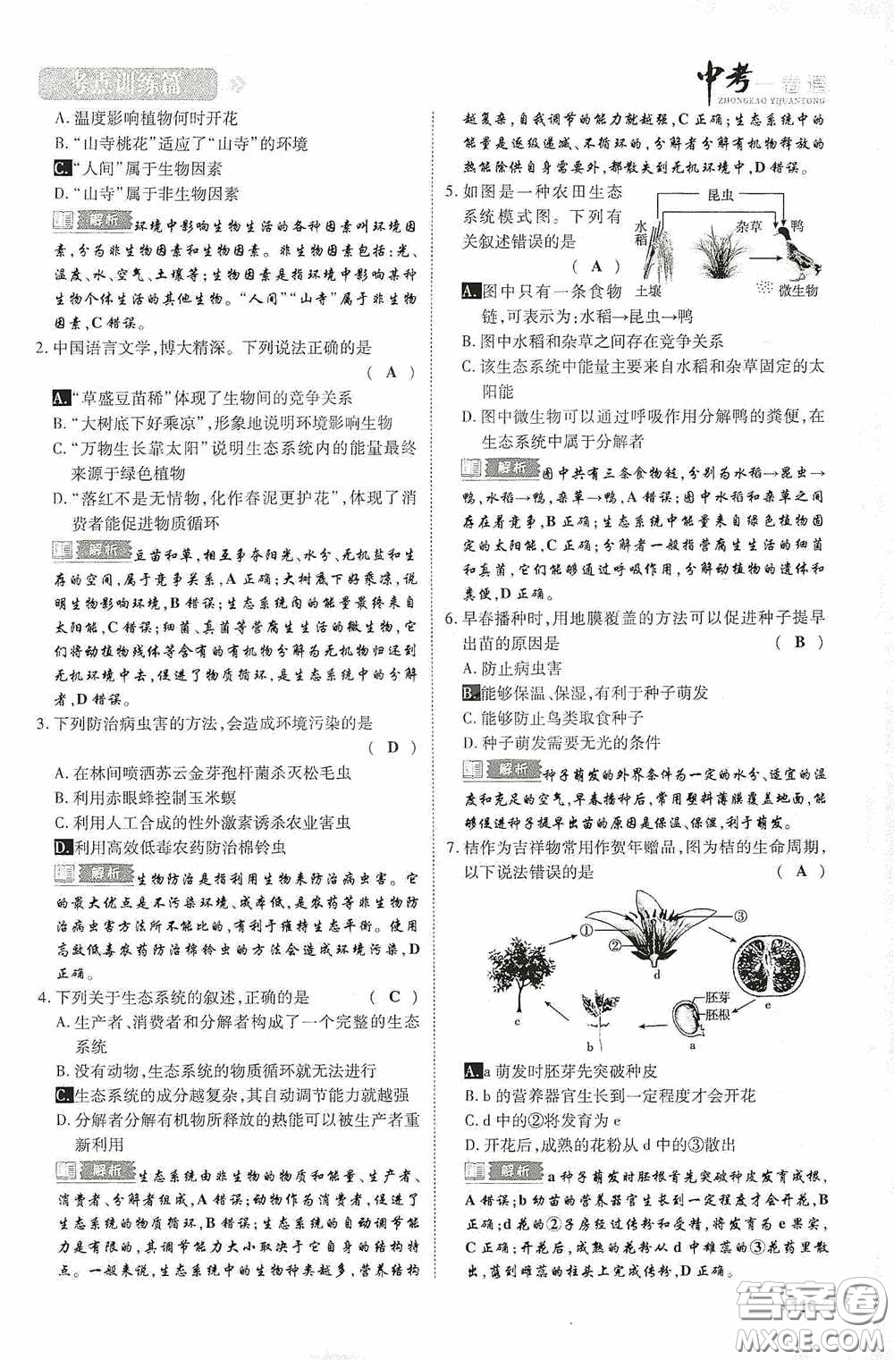 2020中考一卷通考點訓(xùn)練篇生物6篇訓(xùn)練答案