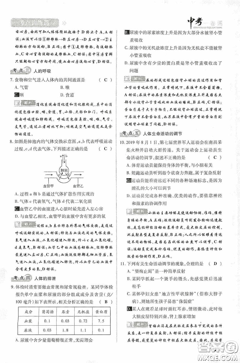 2020中考一卷通考點訓(xùn)練篇生物6篇訓(xùn)練答案