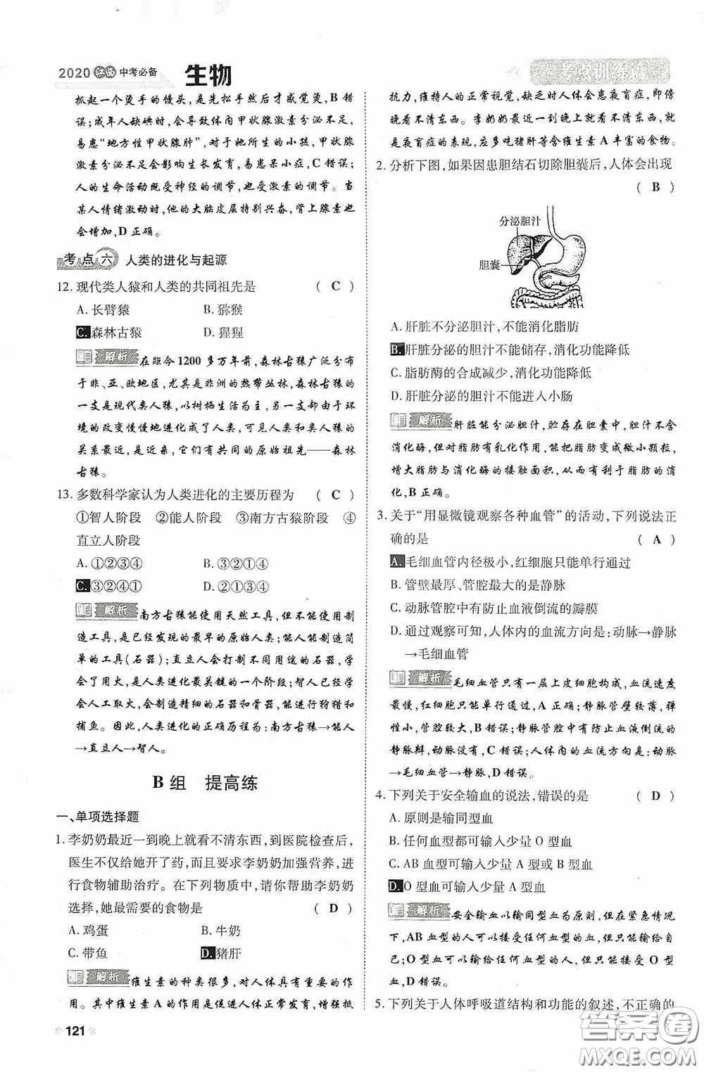 2020中考一卷通考點訓(xùn)練篇生物6篇訓(xùn)練答案