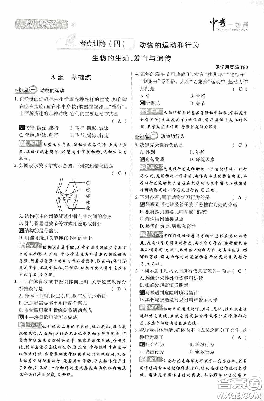 2020中考一卷通考點訓(xùn)練篇生物6篇訓(xùn)練答案