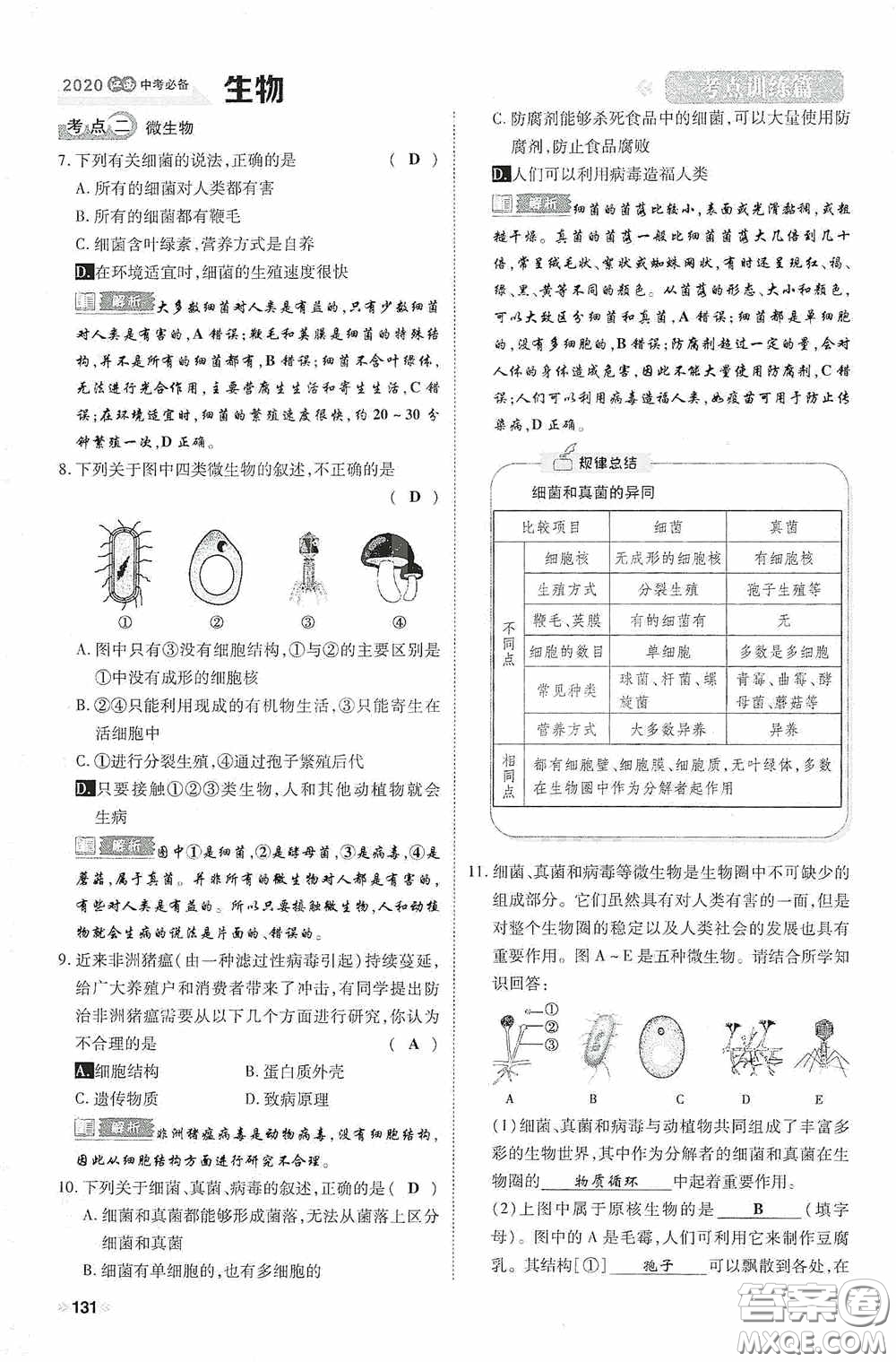 2020中考一卷通考點訓(xùn)練篇生物6篇訓(xùn)練答案