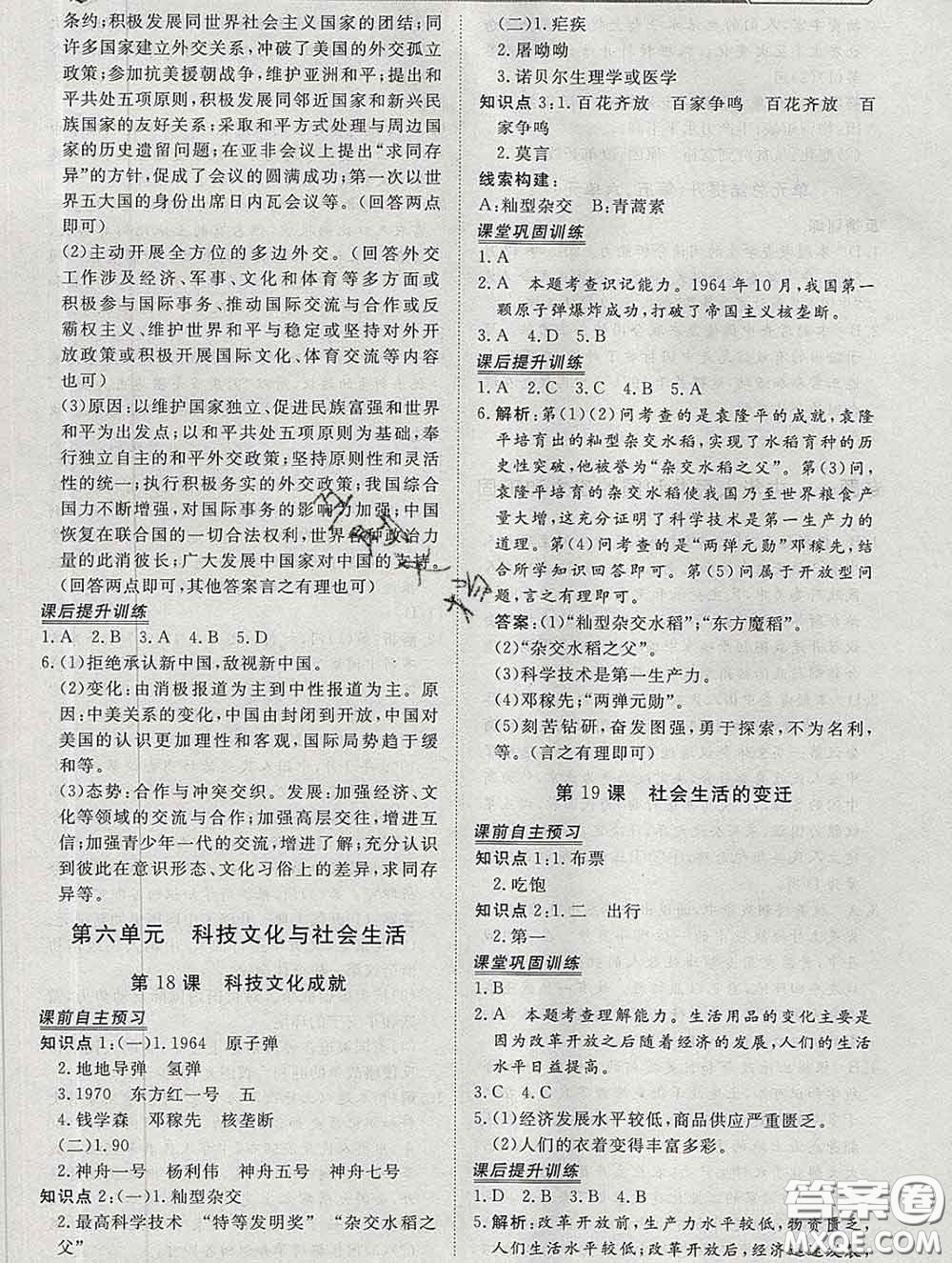 2020新版標(biāo)準(zhǔn)課堂作業(yè)八年級(jí)歷史下冊(cè)人教版參考答案