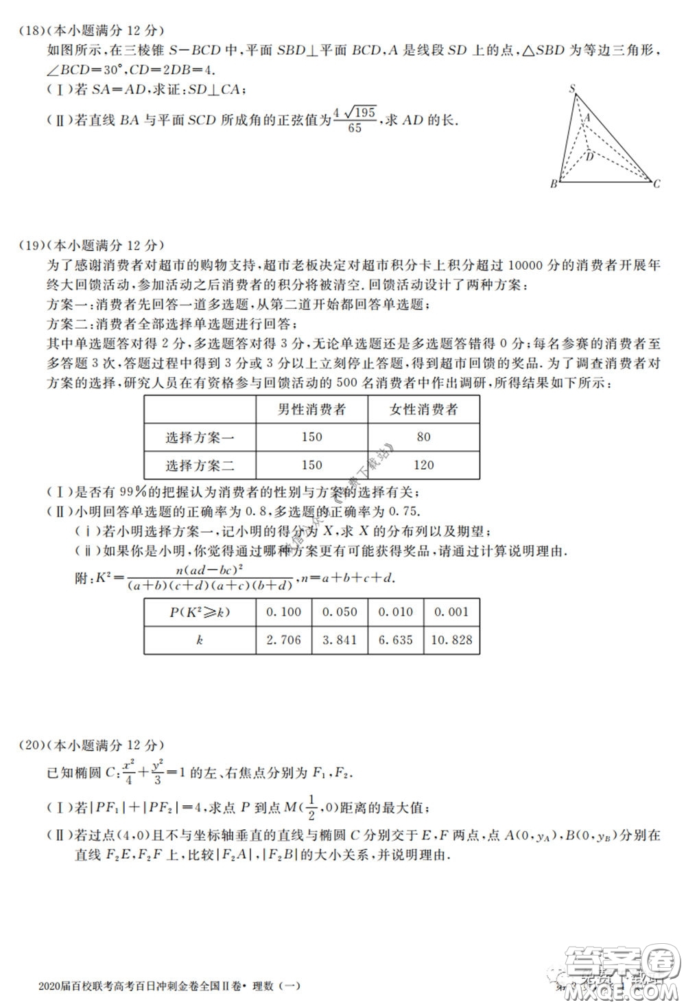 2020屆百校聯(lián)考高考百日沖刺金卷一全國二卷理科數(shù)學(xué)試題及答案