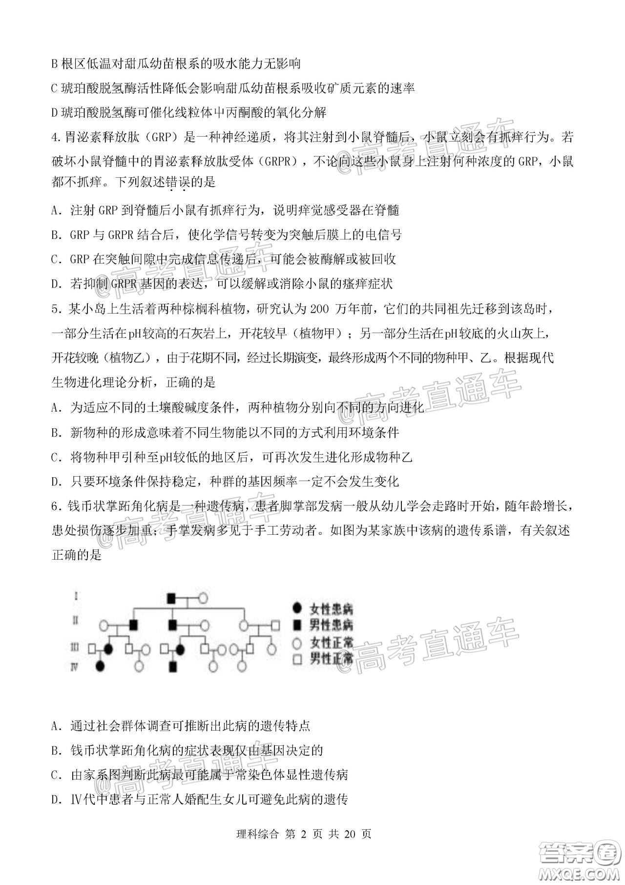 2020年河北衡水中學(xué)高三下九調(diào)研考試?yán)砭C試題及答案