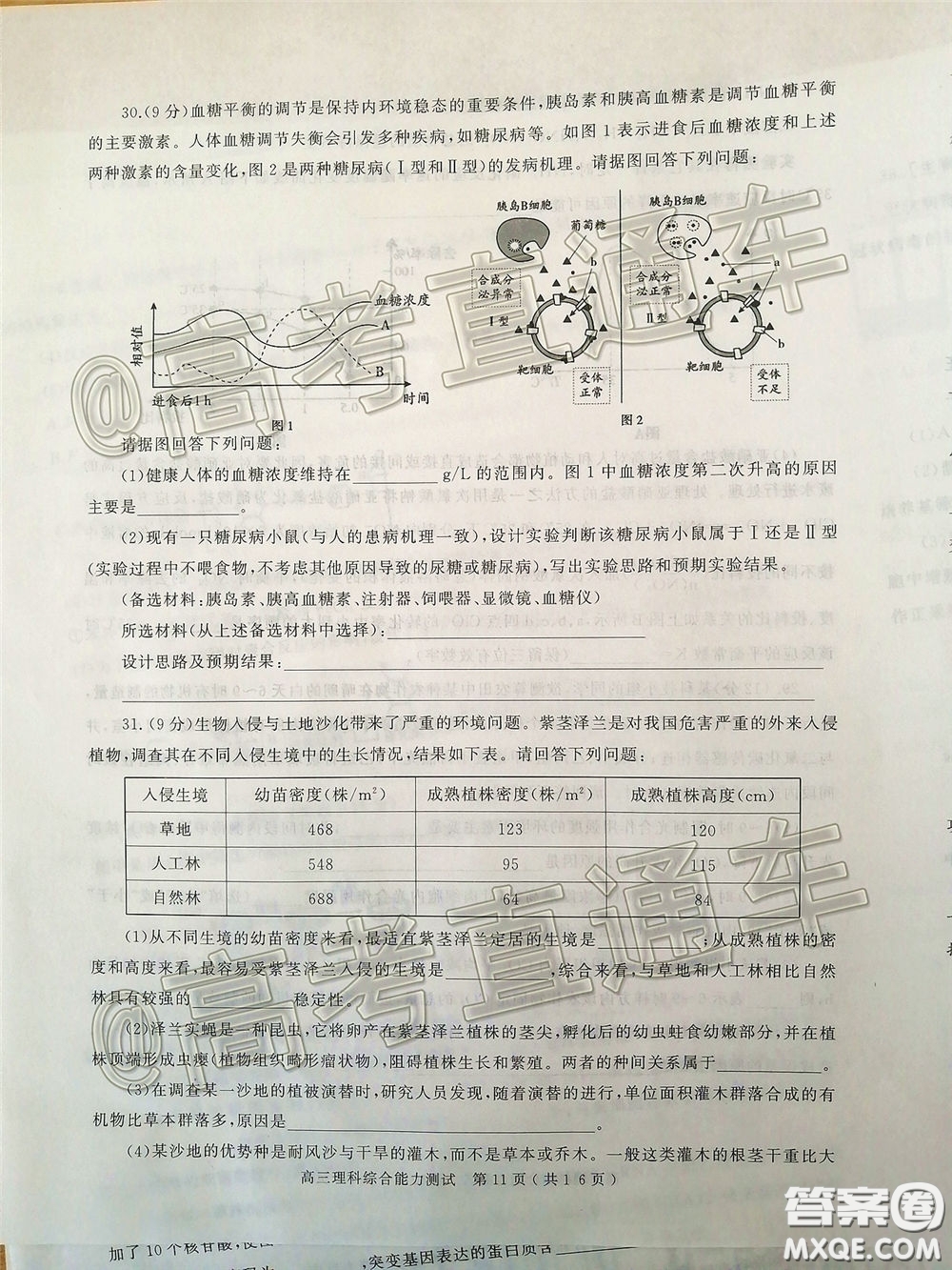 2020年河南省六市高三第一次模擬調研理綜試題答案