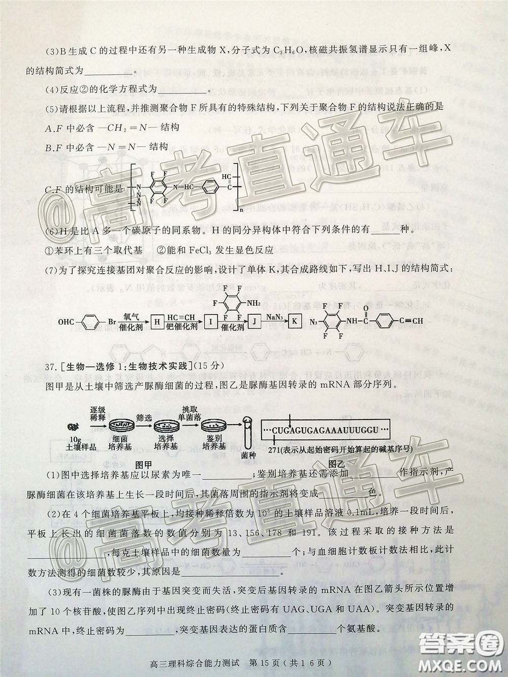 2020年河南省六市高三第一次模擬調研理綜試題答案