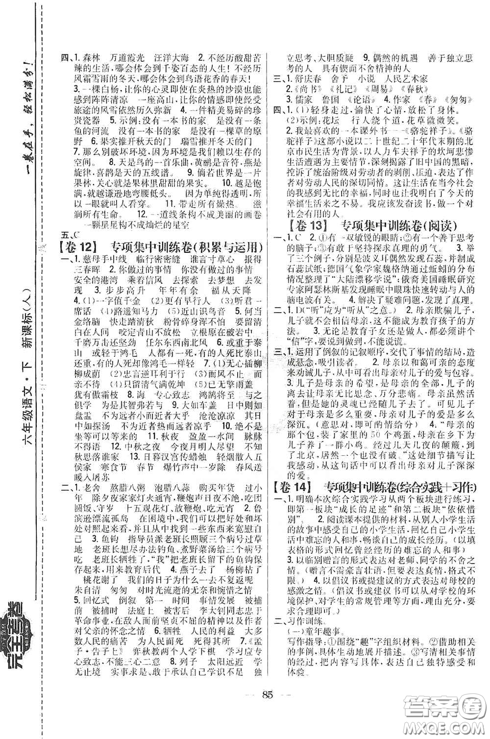 吉林人民出版社2020小學教材完全考卷六年級語文下冊新課標人教版答案