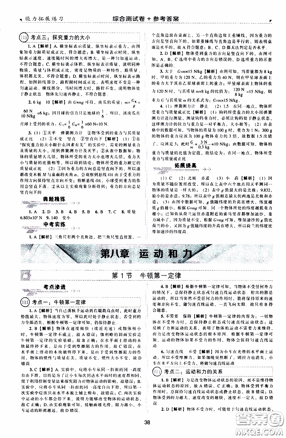 2020年能力拓展練習(xí)八年級下冊物理人教版參考答案