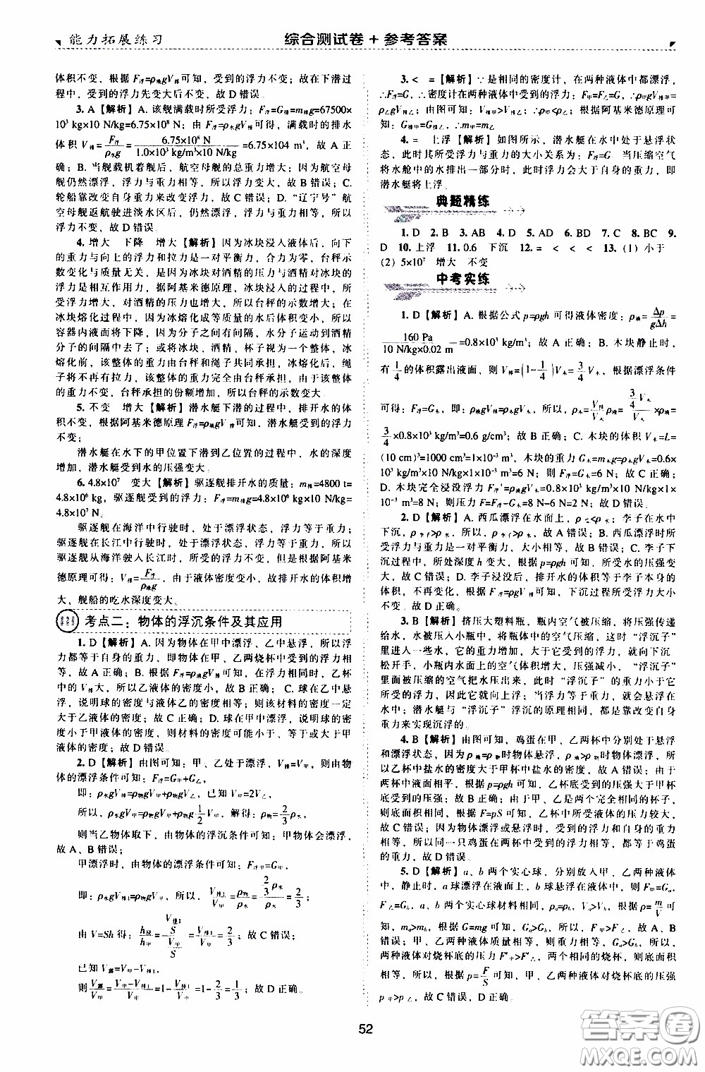 2020年能力拓展練習(xí)八年級下冊物理人教版參考答案