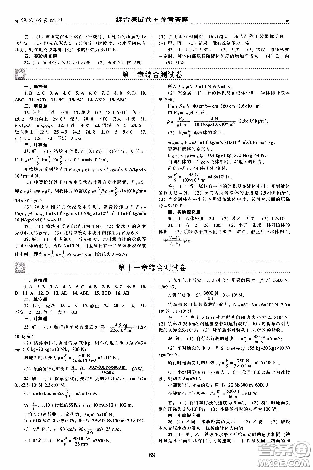 2020年能力拓展練習(xí)八年級下冊物理人教版參考答案