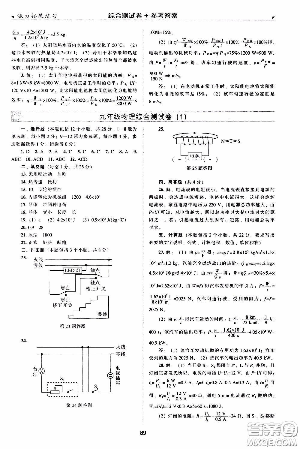 2020年能力拓展練習(xí)九年級下冊物理人教版參考答案