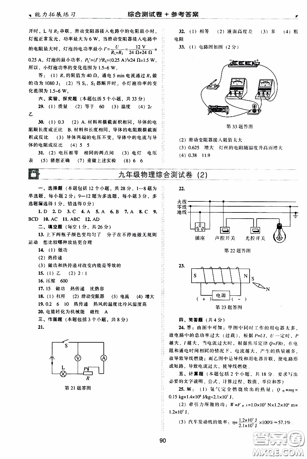 2020年能力拓展練習(xí)九年級下冊物理人教版參考答案