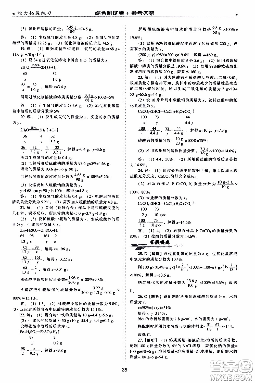 2020年能力拓展練習(xí)九年級下冊化學(xué)上教版參考答案