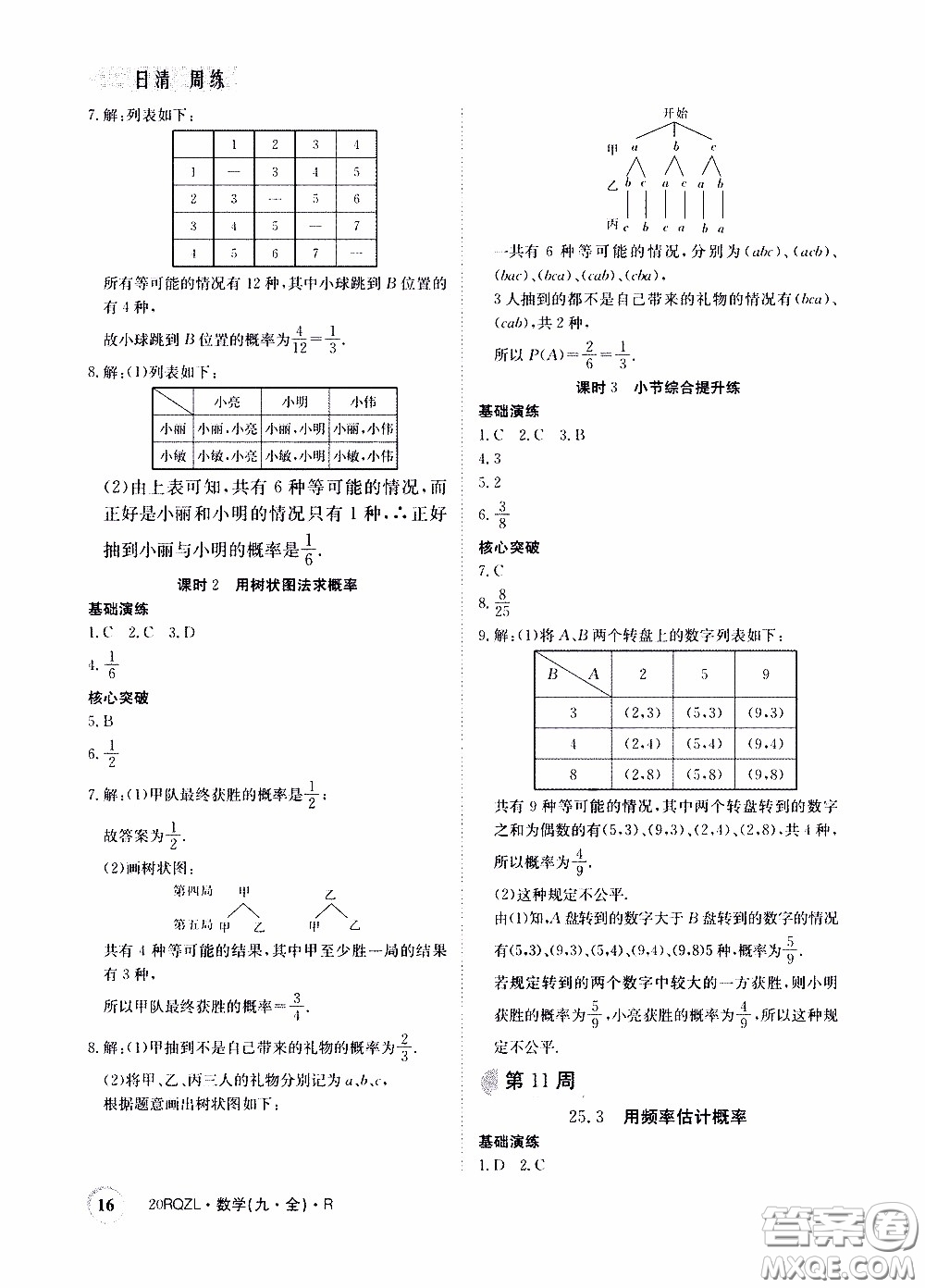 2020年日清周練限時(shí)提升卷數(shù)學(xué)九年級(jí)全一冊(cè)R人教版參考答案