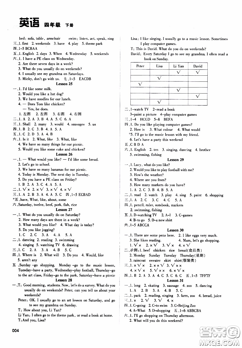 2020年學(xué)習(xí)質(zhì)量監(jiān)測(cè)英語四年級(jí)下冊(cè)人教版參考答案