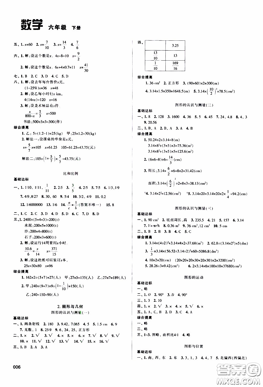 2020年學(xué)習(xí)質(zhì)量監(jiān)測(cè)數(shù)學(xué)六年級(jí)下冊(cè)人教版參考答案