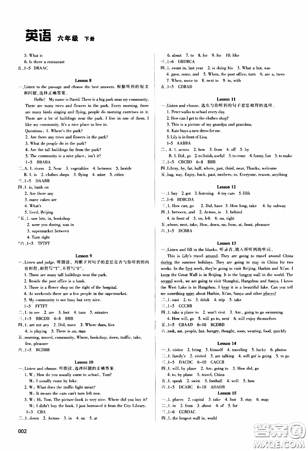 2020年學(xué)習(xí)質(zhì)量監(jiān)測(cè)英語(yǔ)六年級(jí)下冊(cè)人教版參考答案