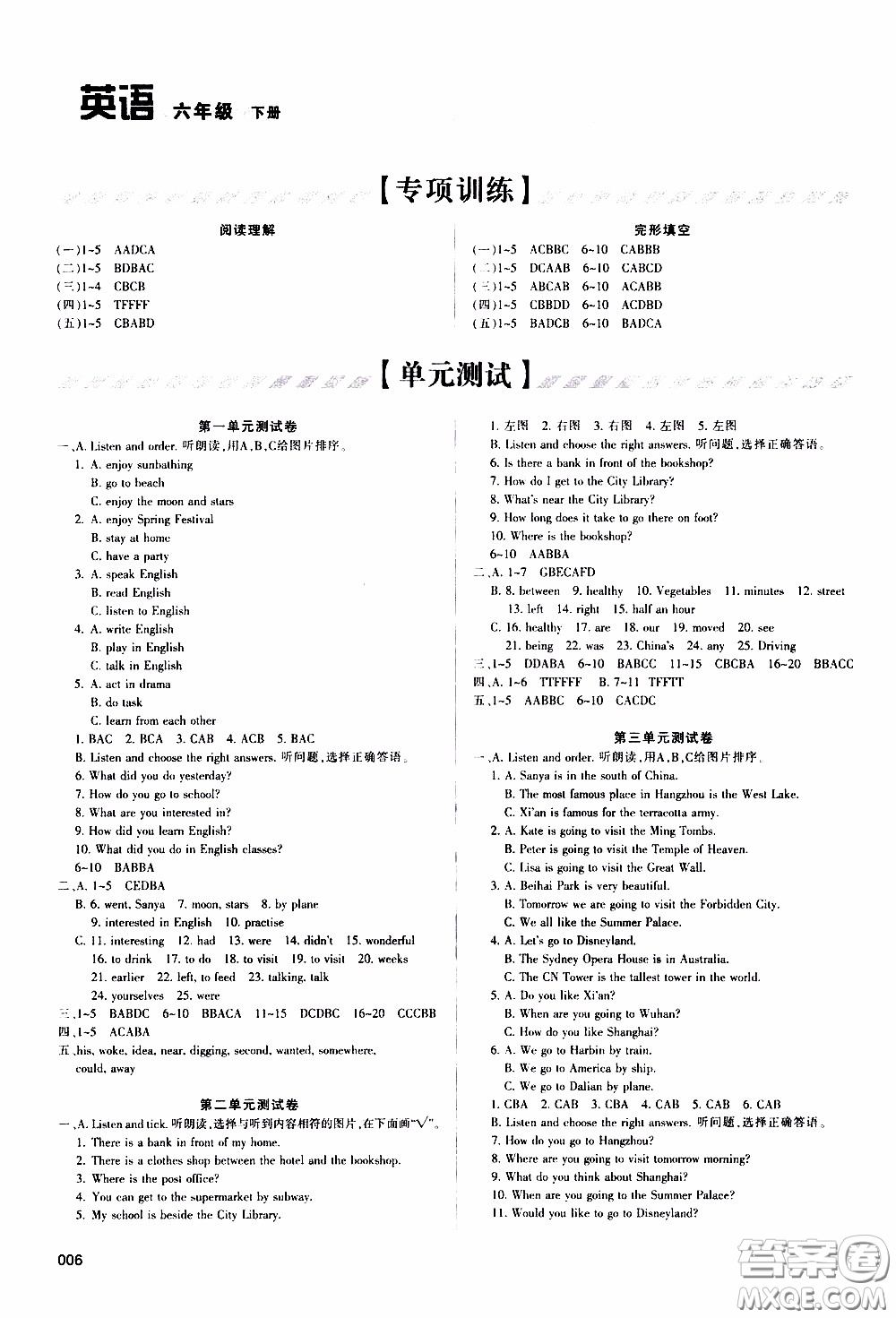 2020年學(xué)習(xí)質(zhì)量監(jiān)測(cè)英語(yǔ)六年級(jí)下冊(cè)人教版參考答案