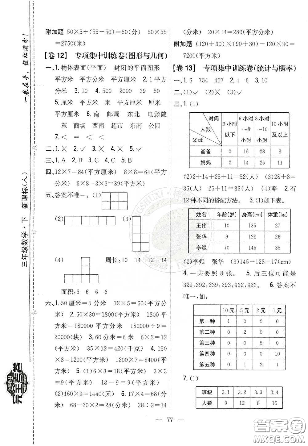 吉林人民出版社2020小學(xué)教材完全考卷三年級(jí)數(shù)學(xué)下冊(cè)新課標(biāo)人教版答案