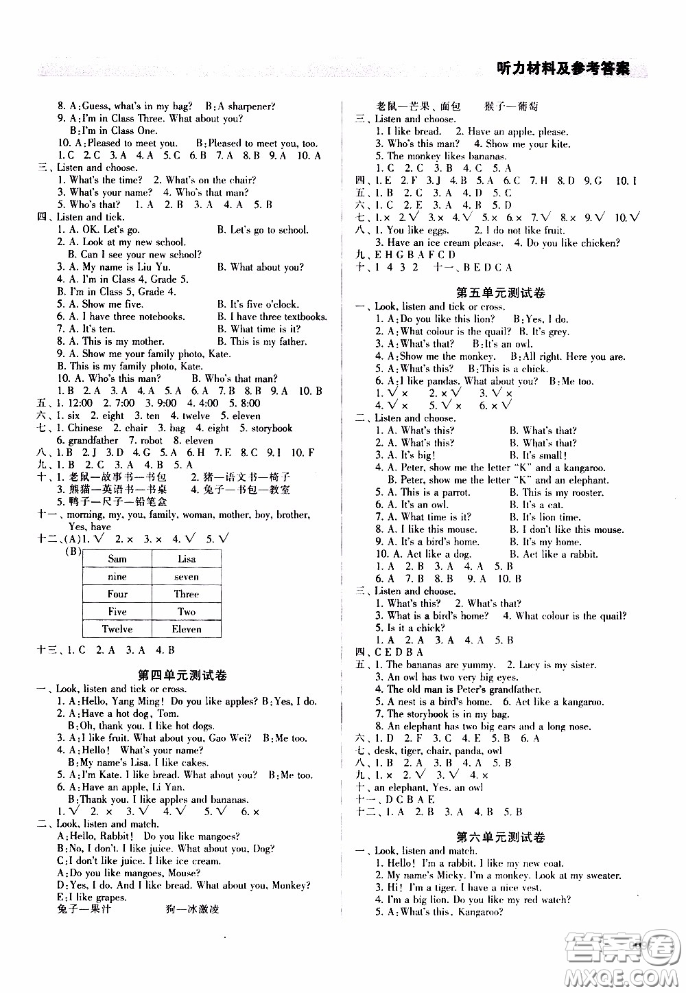 2020年學(xué)習(xí)質(zhì)量監(jiān)測(cè)英語(yǔ)三年級(jí)下冊(cè)人教版參考答案