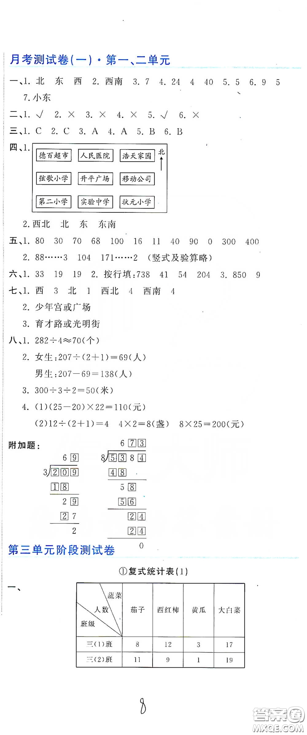 北京教育出版社2020新目標(biāo)檢測(cè)同步單元測(cè)試卷三年級(jí)數(shù)學(xué)下冊(cè)人教版答案