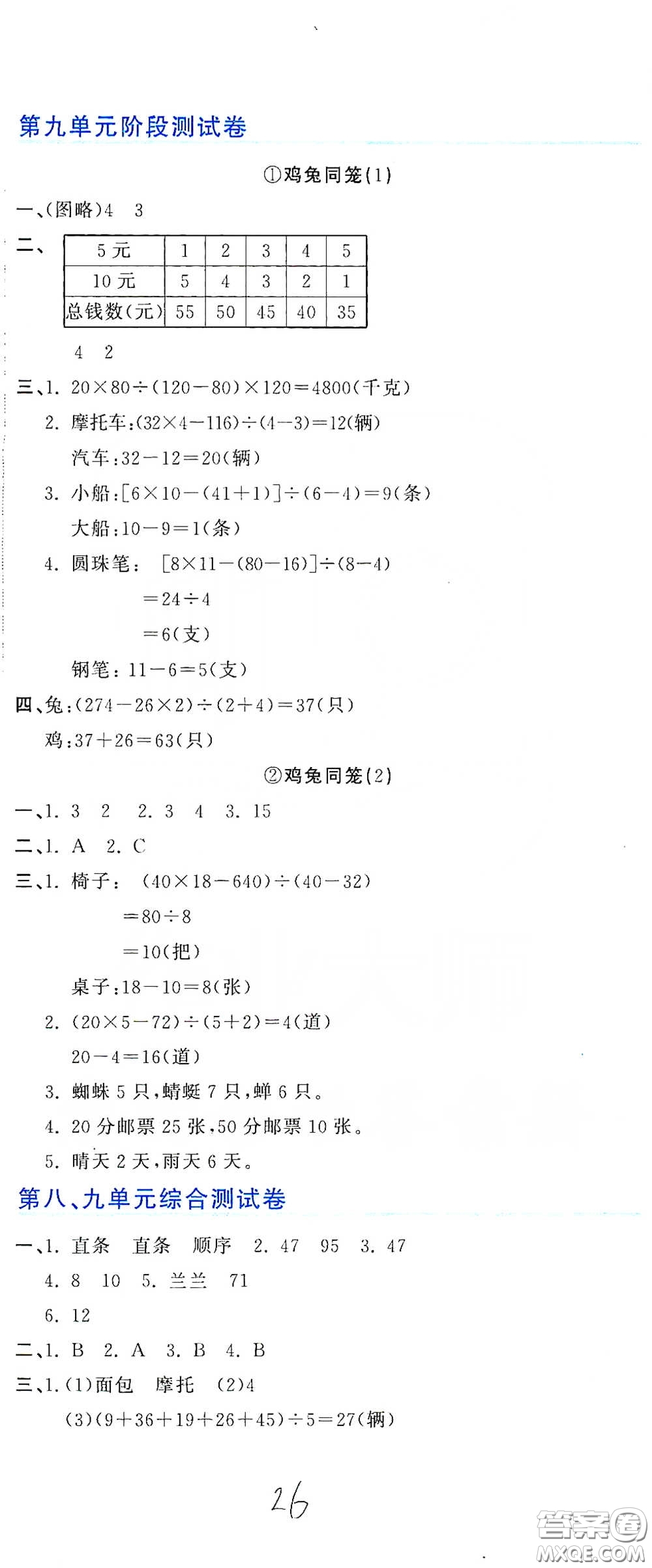 北京教育出版社2020新目標檢測同步單元測試卷四年級數學下冊人教版答案