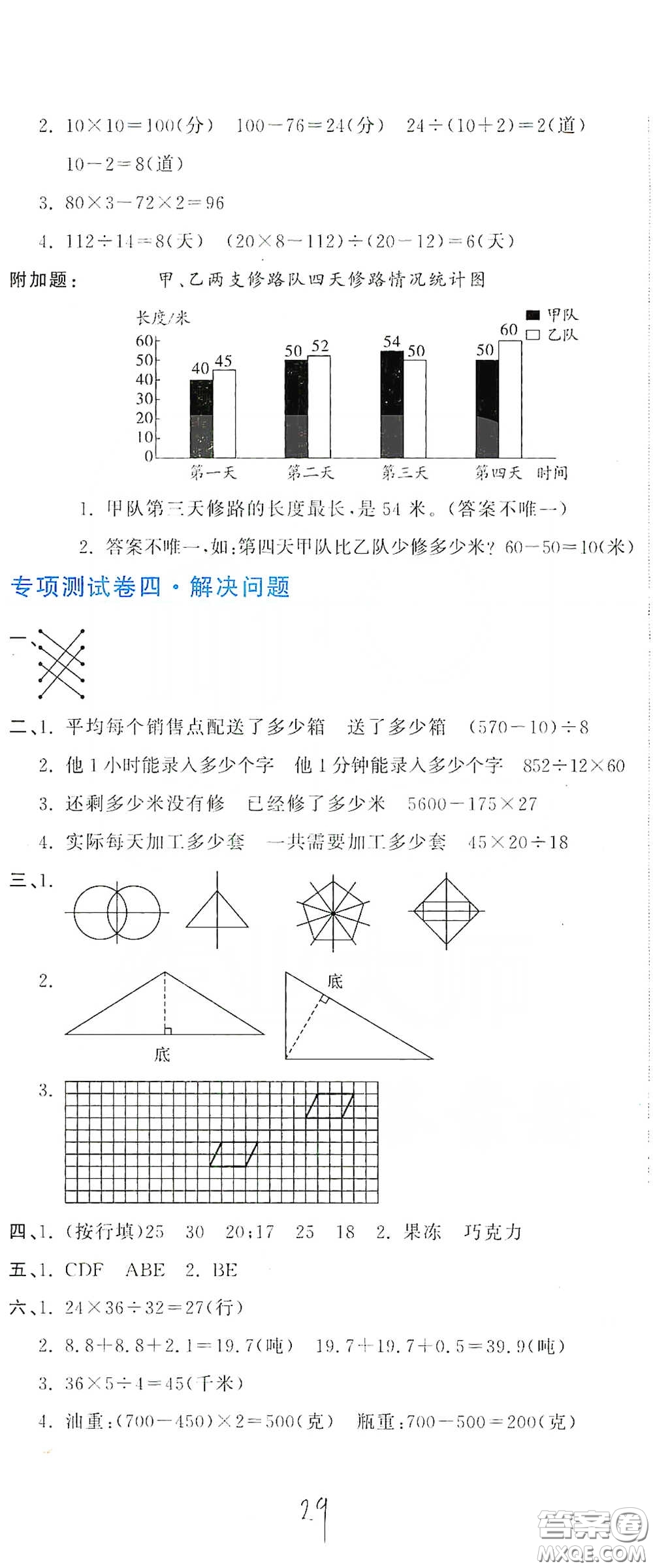 北京教育出版社2020新目標檢測同步單元測試卷四年級數學下冊人教版答案