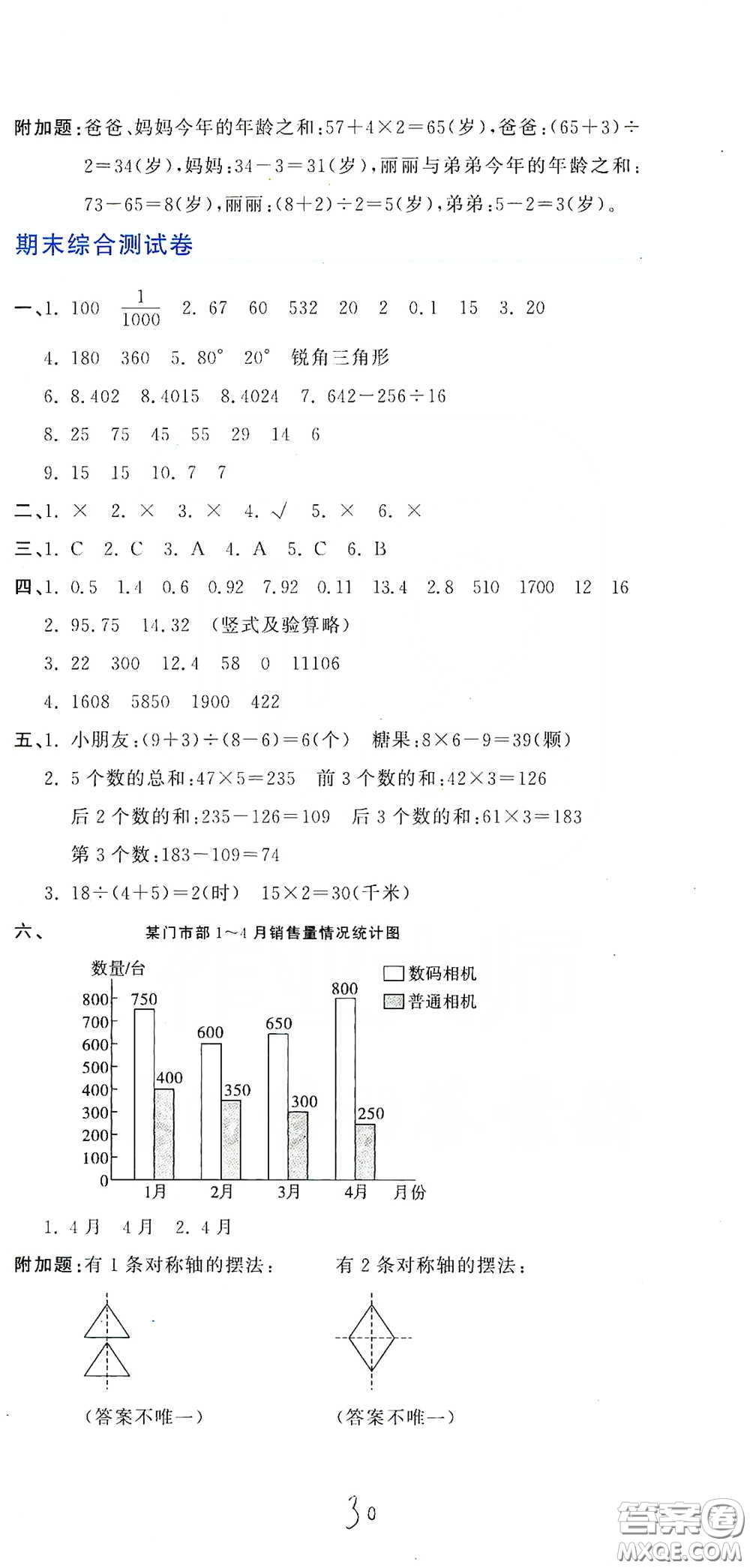 北京教育出版社2020新目標檢測同步單元測試卷四年級數學下冊人教版答案