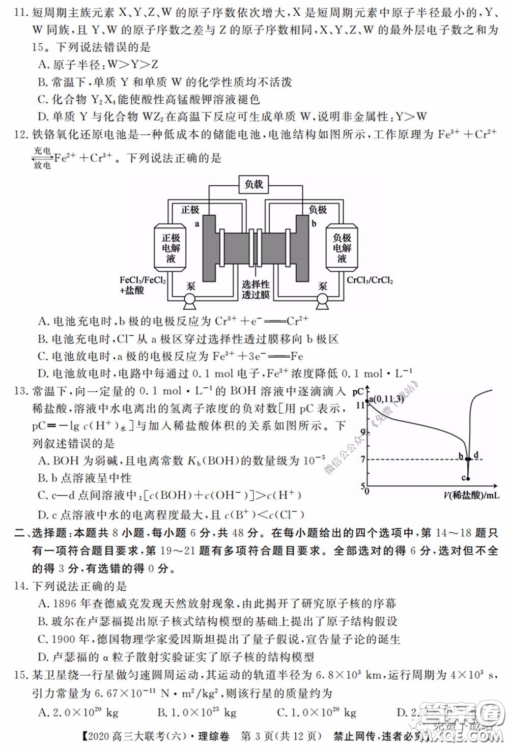 全國百所名校2020屆高三大聯(lián)考調(diào)研試卷六理綜試題及答案