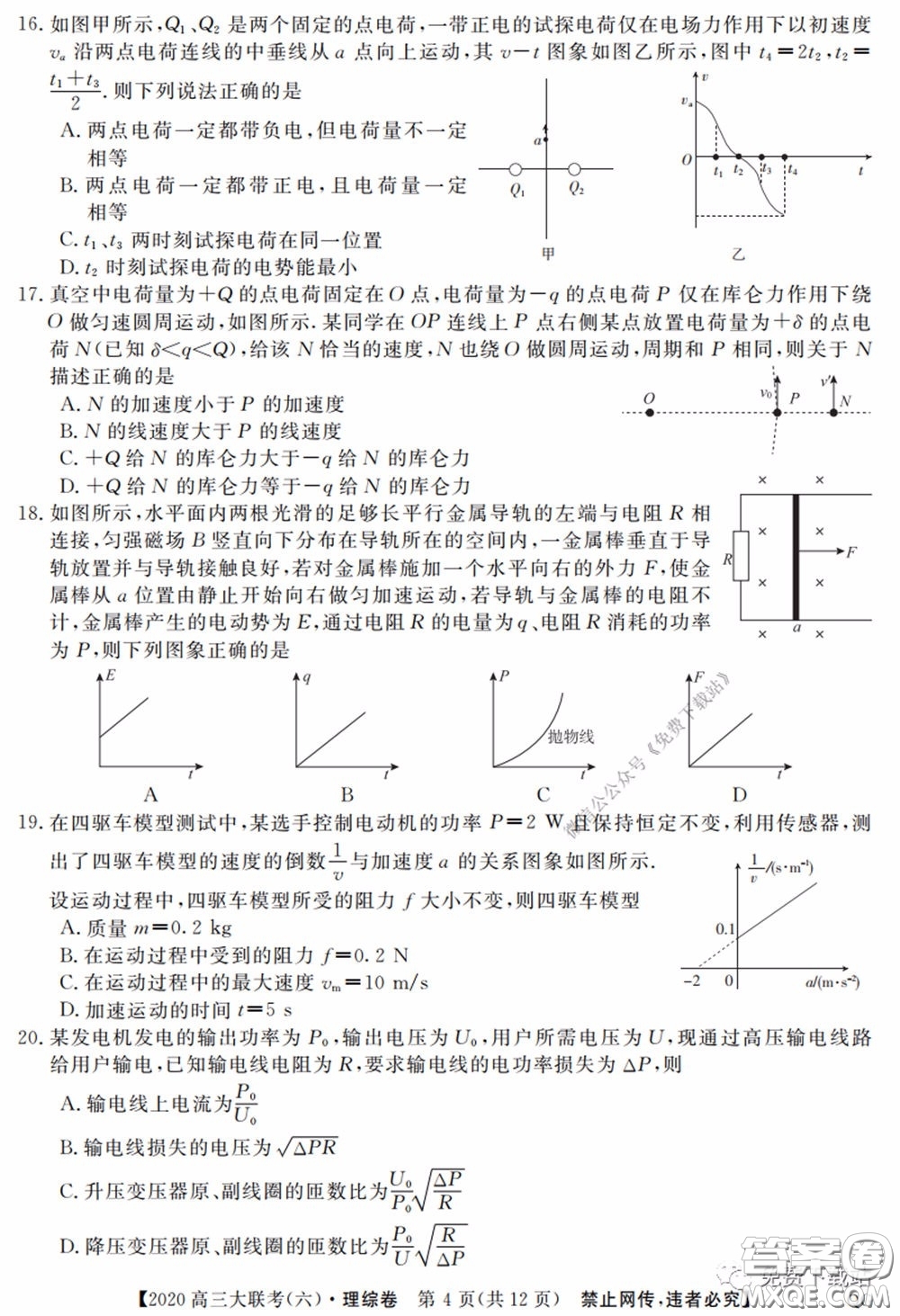 全國百所名校2020屆高三大聯(lián)考調(diào)研試卷六理綜試題及答案