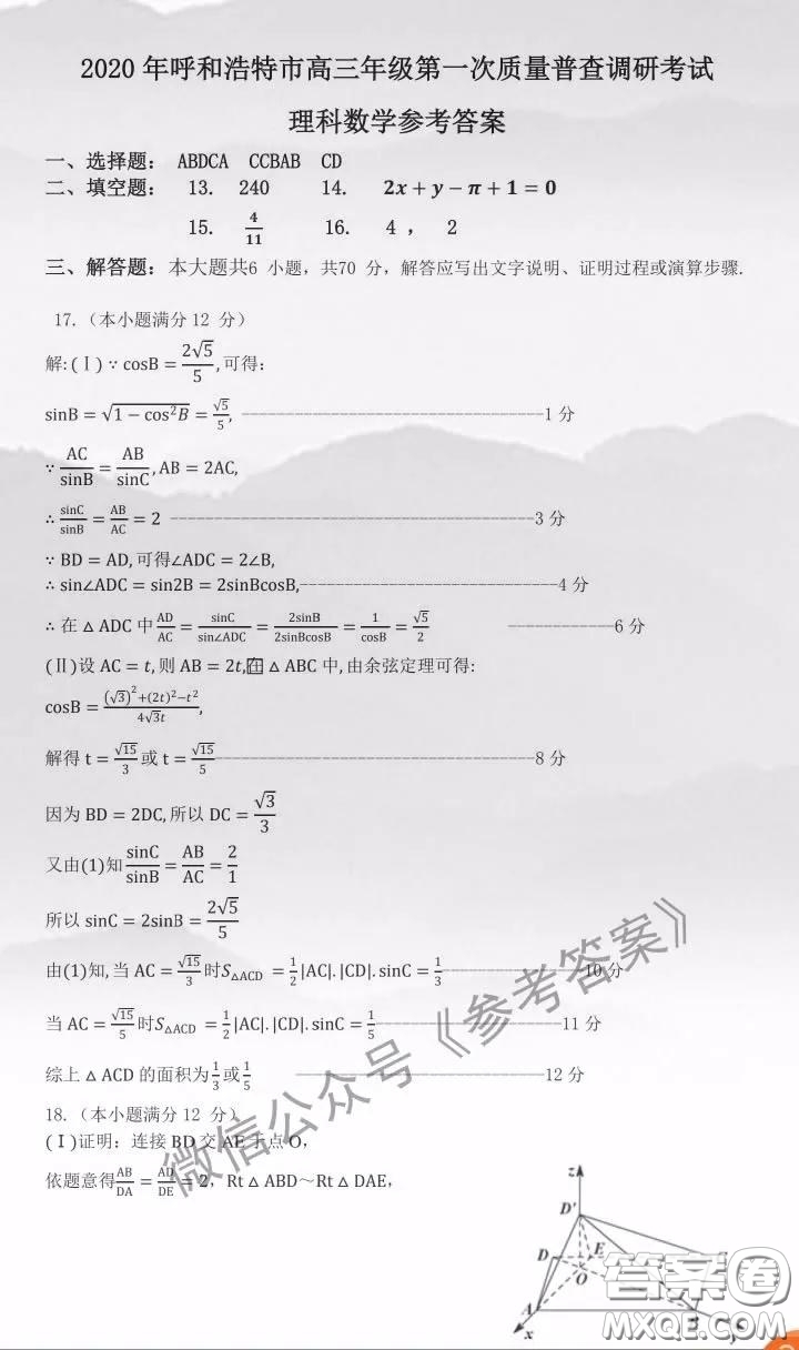 2020年呼和浩特市高三年級第一次質(zhì)量普查調(diào)研考試理科數(shù)學答案