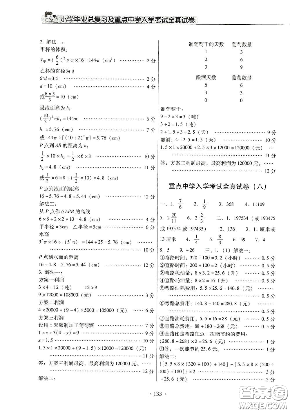 小學(xué)畢業(yè)總復(fù)習(xí)及重點(diǎn)中學(xué)入學(xué)考試全真試卷數(shù)學(xué)答案