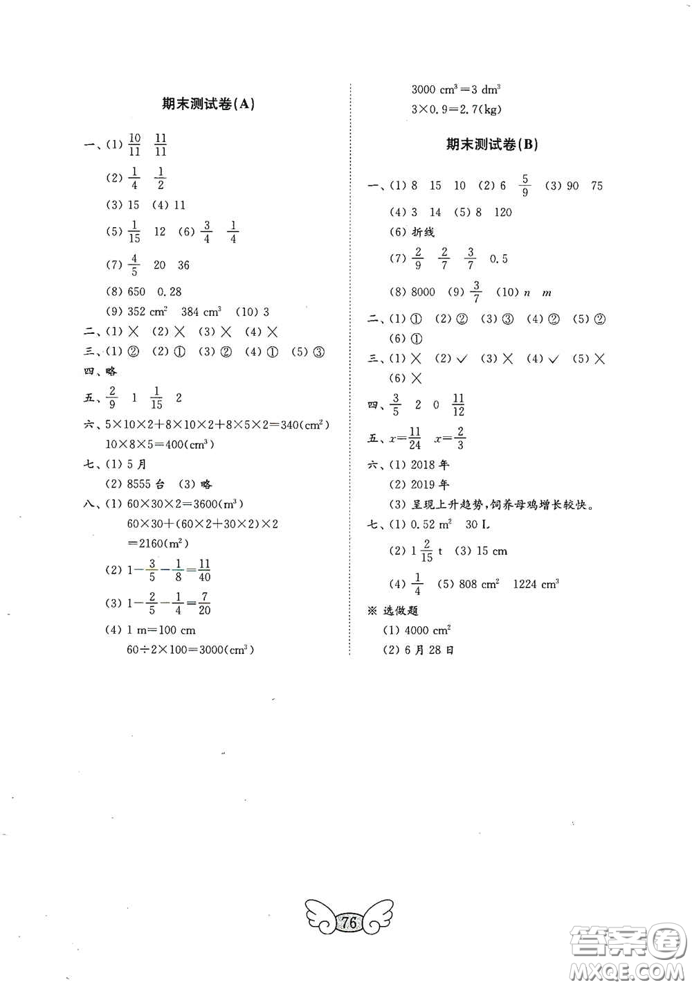 山東教育出版社2020金鑰匙小學(xué)數(shù)學(xué)試卷五年級下冊人教版答案