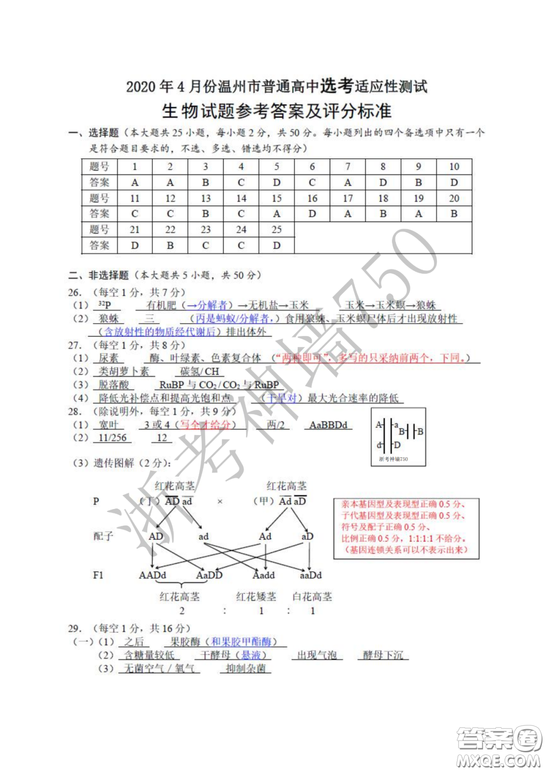 2020年4月溫州市普通高中高考適應(yīng)性測(cè)試生物答案