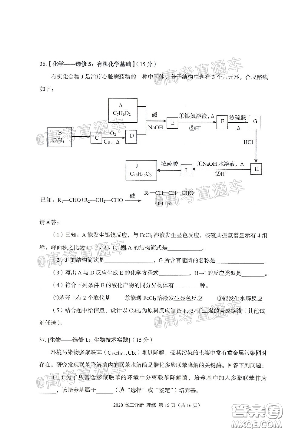 2020年蘭州市高三診斷考試?yán)砜凭C合試題及答案