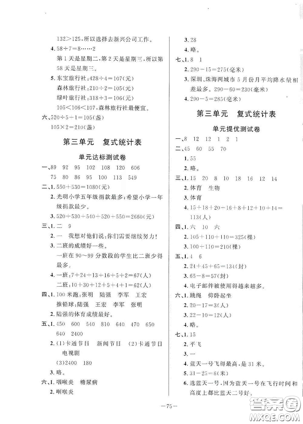 山東文藝出版社2020小學單元測試卷三年級數(shù)學下冊人教版答案