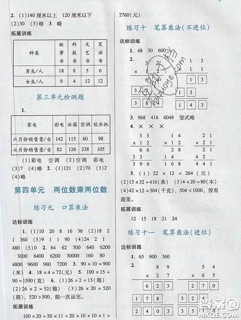 2020新版陽光學(xué)業(yè)評價(jià)三年級數(shù)學(xué)下冊人教版參考答案