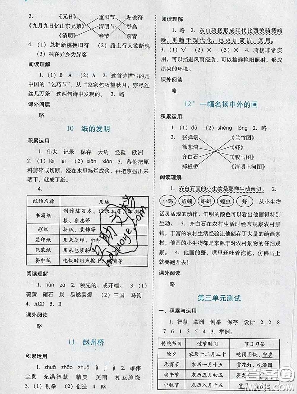 2020新版陽光學(xué)業(yè)評價三年級語文下冊人教版參考答案